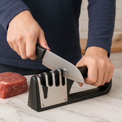 Aiguiseur couteau GripSecur homme aiguise steak